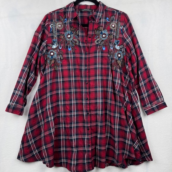 Zara Woman Premium Red Plaid Embellished Button Down Long Sleeve Tunic Top XS - Picture 1 of 6